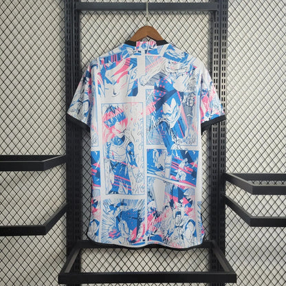 Blue and pink Japan 2024/25 Dragon Ball limited edition jersey by Jenzo Anime featuring iconic anime character graphics.