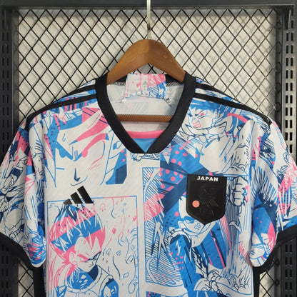 Japan 2024/25 Dragon Ball limited edition jersey by Jenzo Anime, featuring blue and pink design, displayed on a hanger.