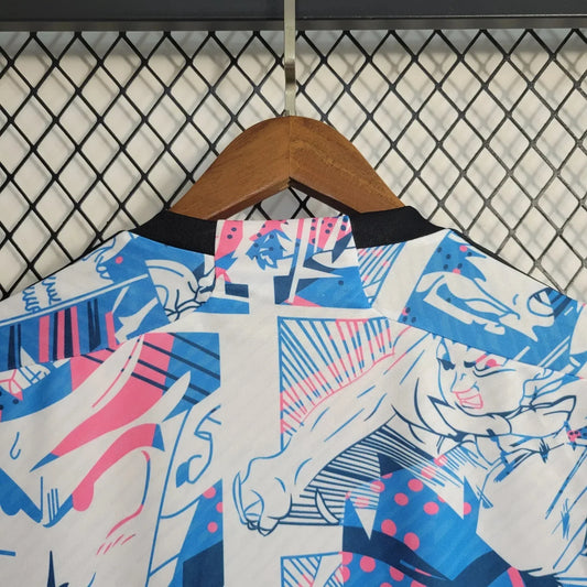Japan 2024/25 Dragon Ball limited edition jersey by Jenzo Anime, featuring vibrant blue and pink design with Dragon Ball graphics.